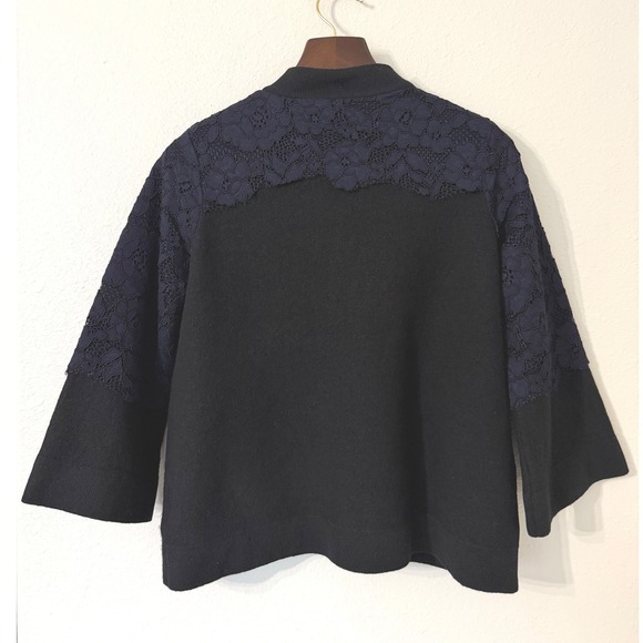 Anthropologie Field Flower 100% Wool Black with Navy Blue Lace Trim Jacket Small - Picture 2 of 9